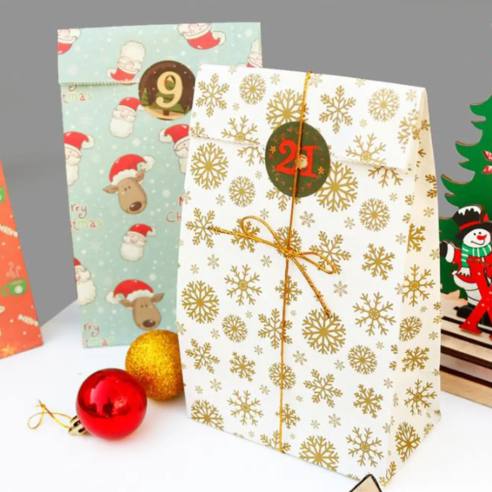 

Рождественский Подарочный пакет из крафт-бумаги, 24 шт./компл., милый мешок для печенья с Санта-Клаусом, оленем, конфетками, шоколадом, украшен...