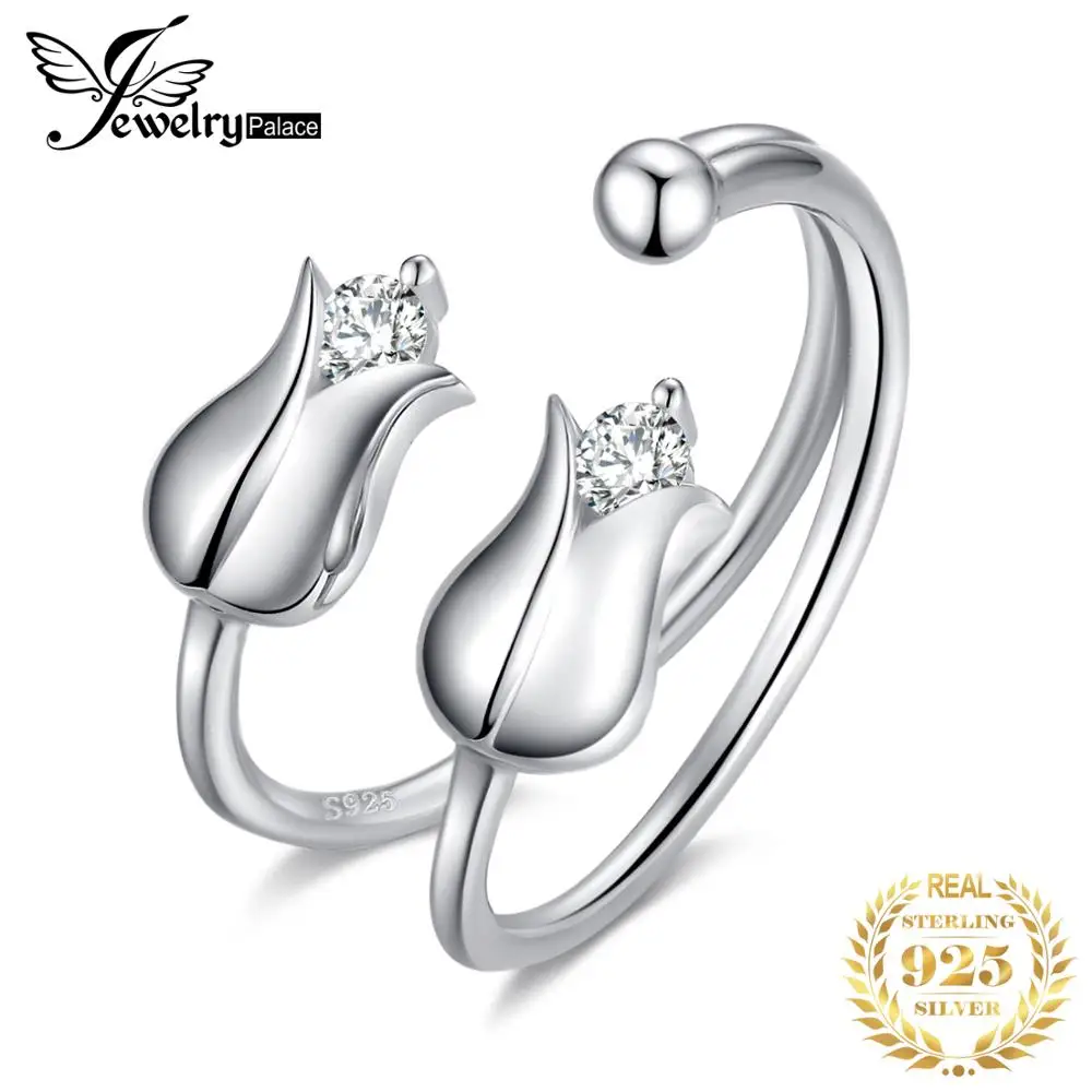 

JewelryPalace Happiness Lily Flower Cubic Zirconia Open Adjustable Ring 925 Sterling Silver Ring Band Fashion Jewelry