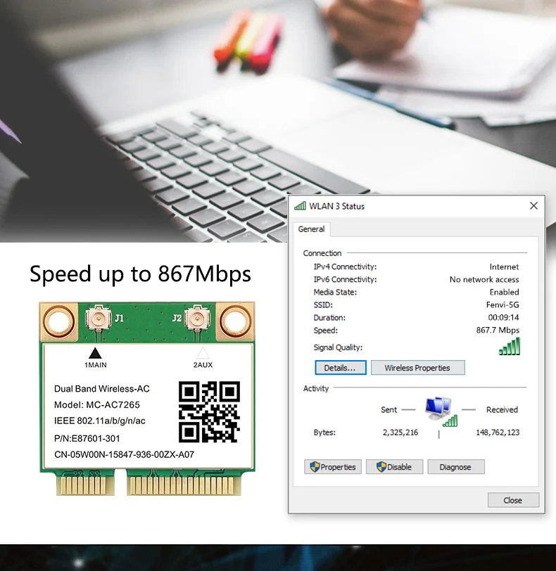 1200 Мбит/с MiNi PCI-E MC-AC7265 Двухдиапазонная 2 4 ГГц/5 ГГц 802.11AC Bluetooth-совместимая 4.2