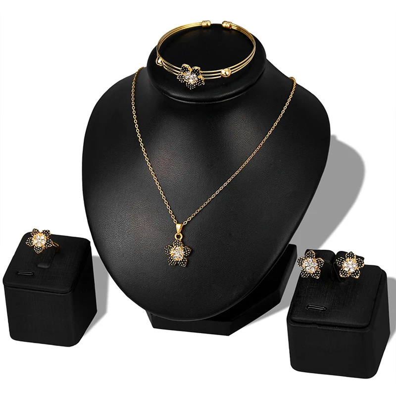 

4Pcs/Set Graceful Black Peach Blossom Pendant Women Girls Necklace Earrings Ring Bracelet Fashion Jewelry Sets