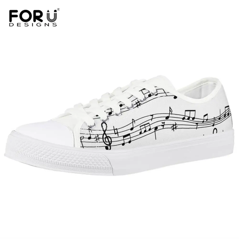 

FORUDESIGNS White Music Notes Print Canvas Shoes Low Top Lace Up Sneakers for Women Classic Female Student Vulcanized Shoes