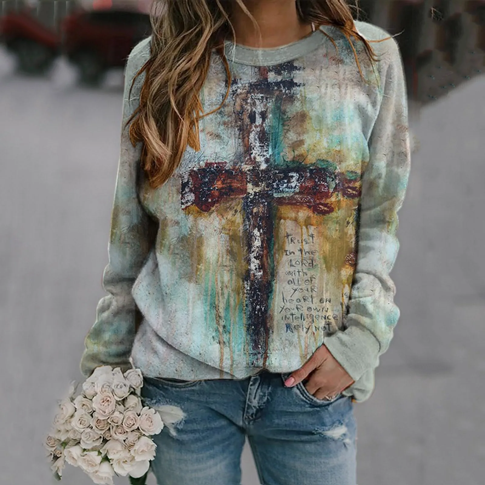 Print Casual Sweatshirts Women Round Neck Long Sleeve Loose Tops Shirts Oil Paintings Believe In Jesus Sweatshirt #H
Print Casual Sweatshirts Women Round Neck Long Sleeve Loose Tops Shirts Oil Paintings Believe In Jesus Sweatshirt #H