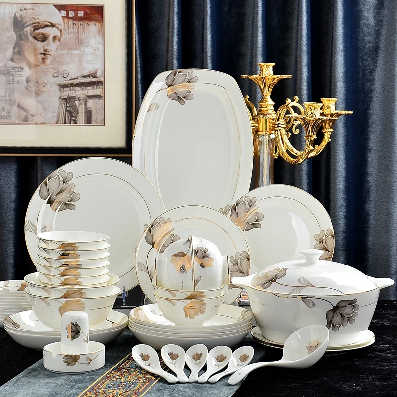 Фото Набор посуды из 46 предметов набор фарфора дизайн золотых листьев Корейская кухня