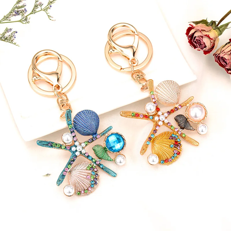 

Ocean Series Creative Gifts Starfish Shell Keychain Scallop Imitation Pearls Ornaments Car Bag Pendant Accessries Alloy Keyring