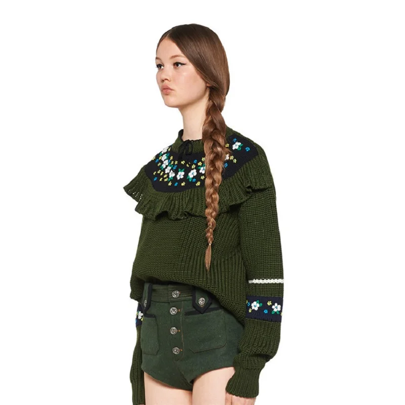 Зима 2020 женский новый свободный зеленый вязаный свитер с цветочной вышивкой
