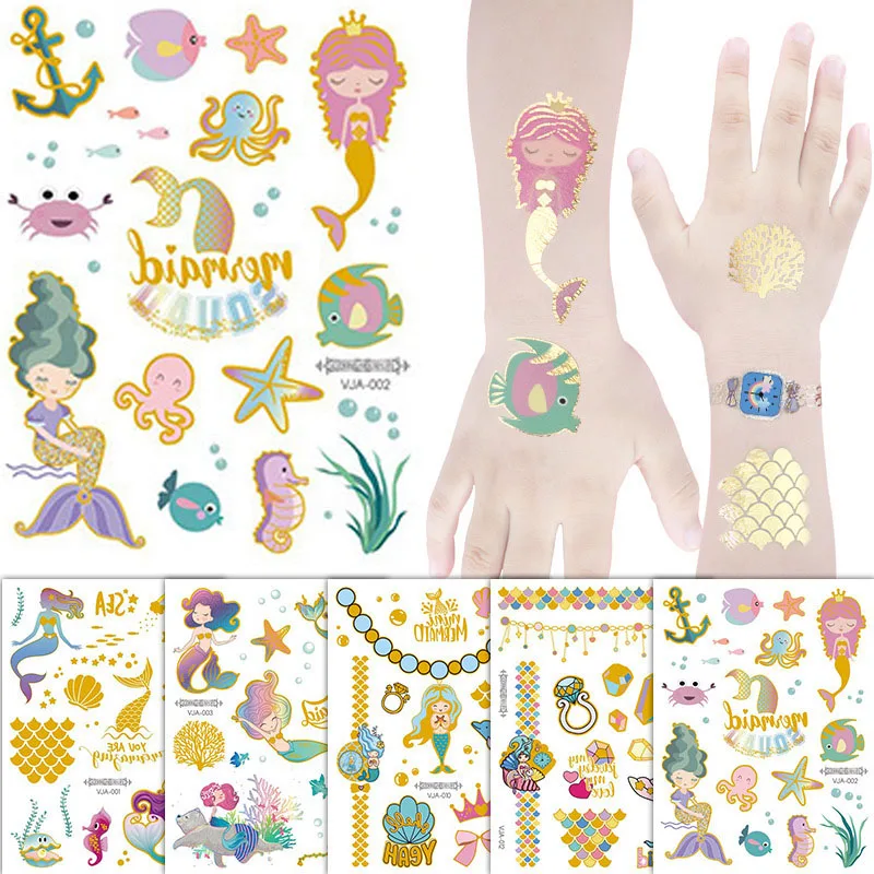 

1pcs Mermaid Bronzing Cartoon Children's Metallic Gold Body Temporary Flash Tattoos For Kids Glitter Tattoo cute Stickers