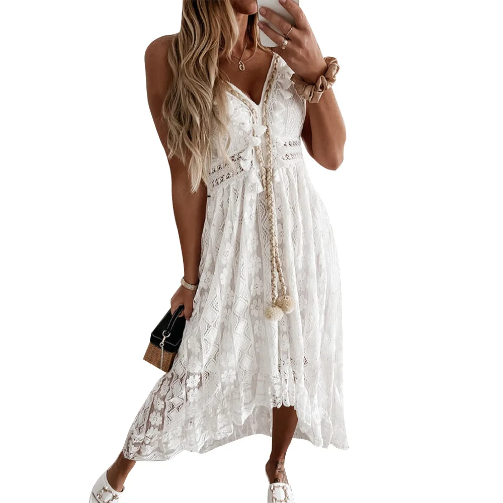 Women Elegant Tassel V Neck Long Dress Fashion Lace Ruffles Sleeveless Strap Irregular Dress Sexy Beach Holiday Summer Dress D30
Women Elegant Tassel V Neck Long Dress Fashion Lace Ruffles Sleeveless Strap Irregular Dress Sexy Beach Holiday Summer Dress D30