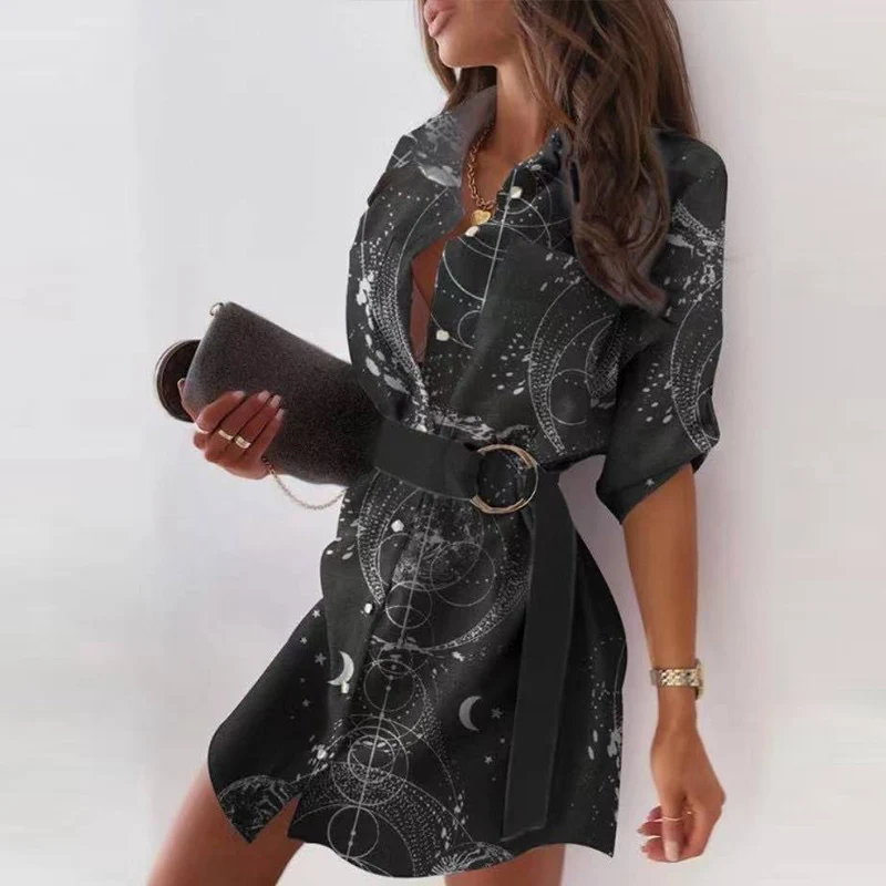 Casual shirt women dress lapel long sleeve single breasted women's printed black shirt dress-with black belt
Casual shirt women dress lapel long sleeve single breasted women's printed black shirt dress-with black belt