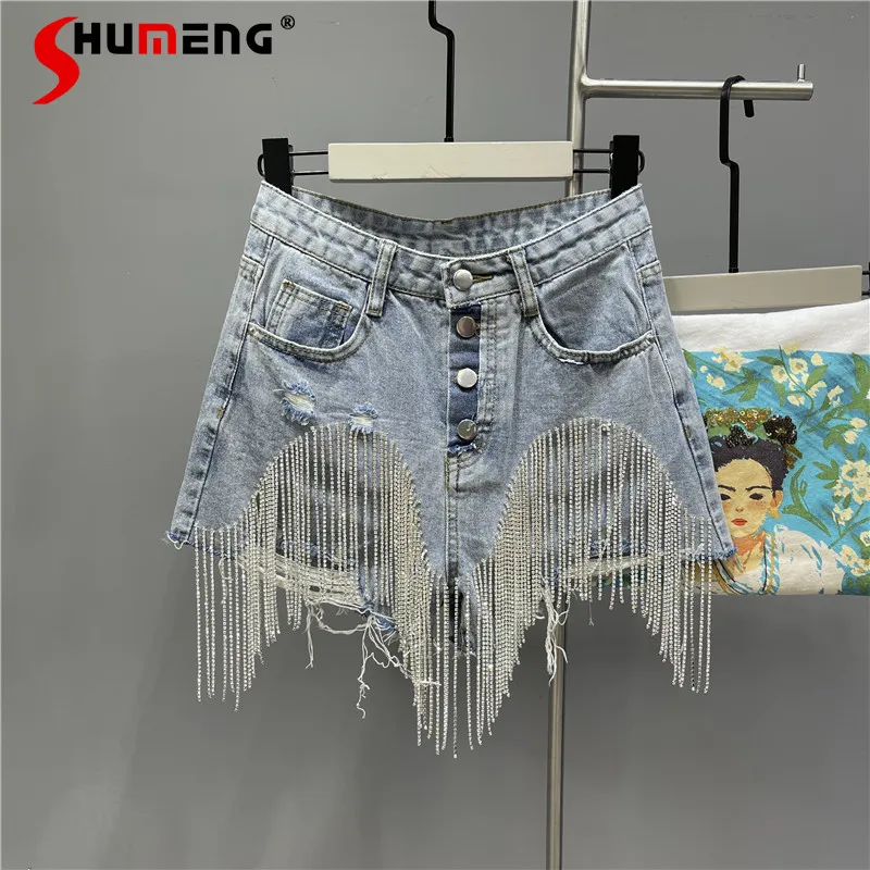 

Tassel Chain Summer Jean Pants High Short Rhinestone Shorts Straight-Leg Slim-Fit Denim Women's Waist New Ripped Shorts High Wai