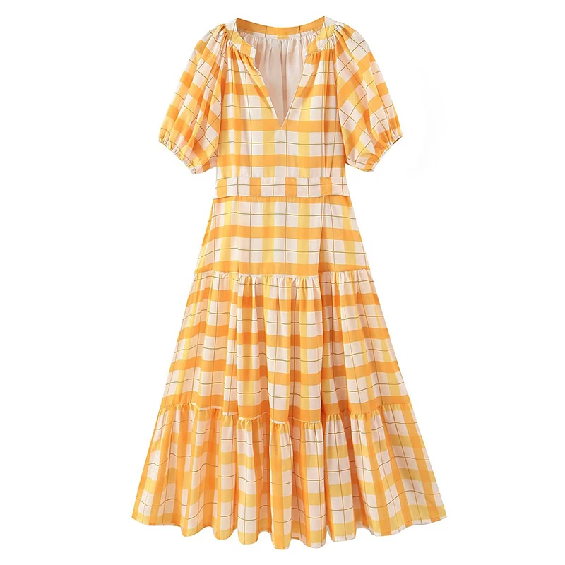 

YENKYE New Women Vintage Puff Sleeve Plaid Dress Ladies V Neck Sashes A-line Holiday Summer Dress Casual Vestido