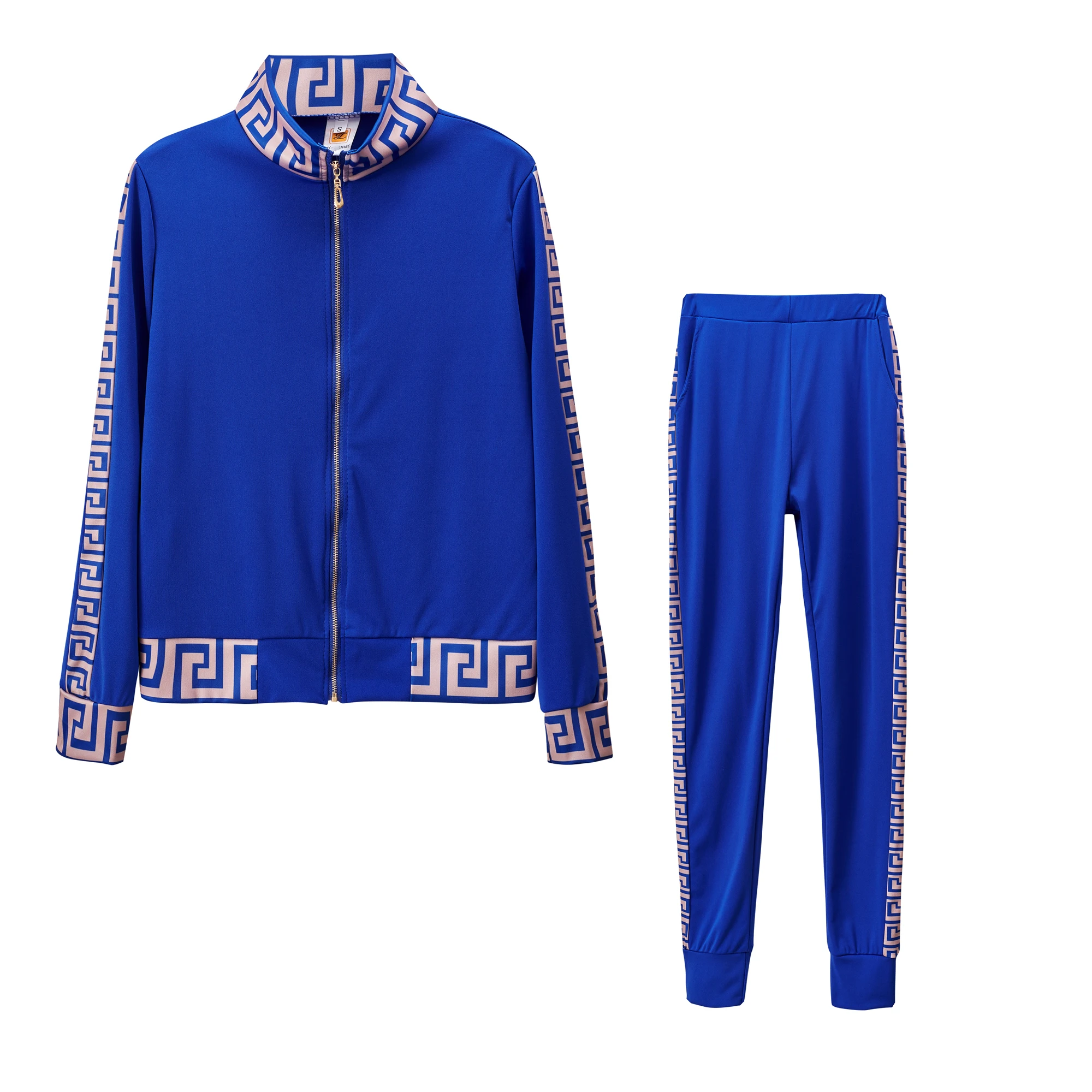 

2021 y2k Tracksuit Women Elegant Two -Pieces Suit Sets Female Stylish Plus Size Greek Fret Print Coat & Pant Sets jogging femme