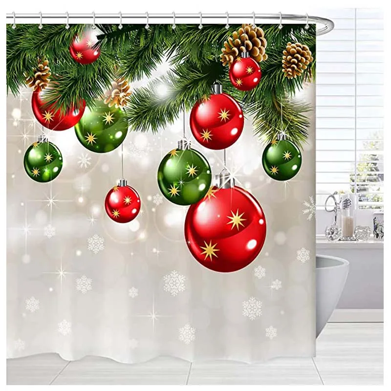 

Green Christmas Shower Curtain Set, Merry Xmas Baubles on Pine Tree Twig Art Print Holiday Bath Bathtub Curtain, Christmas Fabri