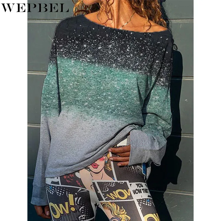 

WEPBEL T-shirt Autumn Leisure Loose Gradient Color Stitching T-shirt Women's Fashion O-Neck Long Sleeve Pullover T-shirt Top