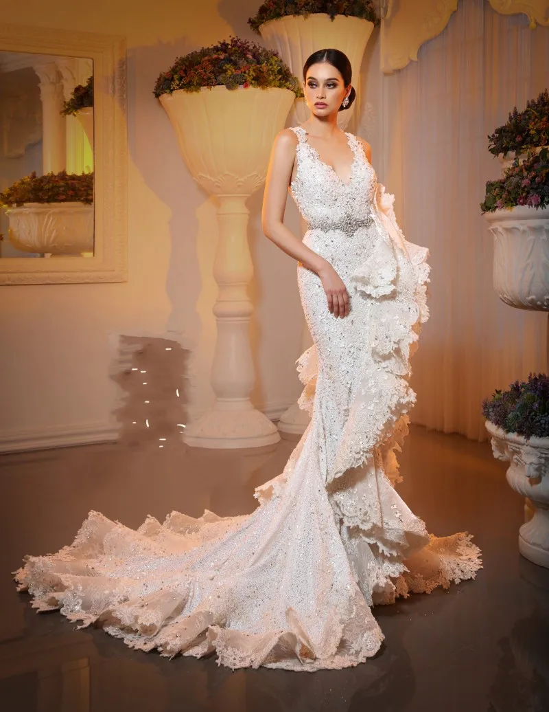 Vestido De Noiva 2020 Full Lace Mermaid Wedding Dresses Beading V Neck Applique High Slit Bridal Gowns Ruffles abiti da spos
Vestido De Noiva 2020 Full Lace Mermaid Wedding Dresses Beading V Neck Applique High Slit Bridal Gowns Ruffles abiti da spos