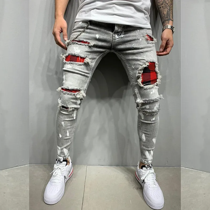 

Mens Grid Patchwork Jeans Skinny Jean Denim Ripped Quilted Embroidered Pants Hip-Hop Elastic Waist Everyday Jogging Trousers Man