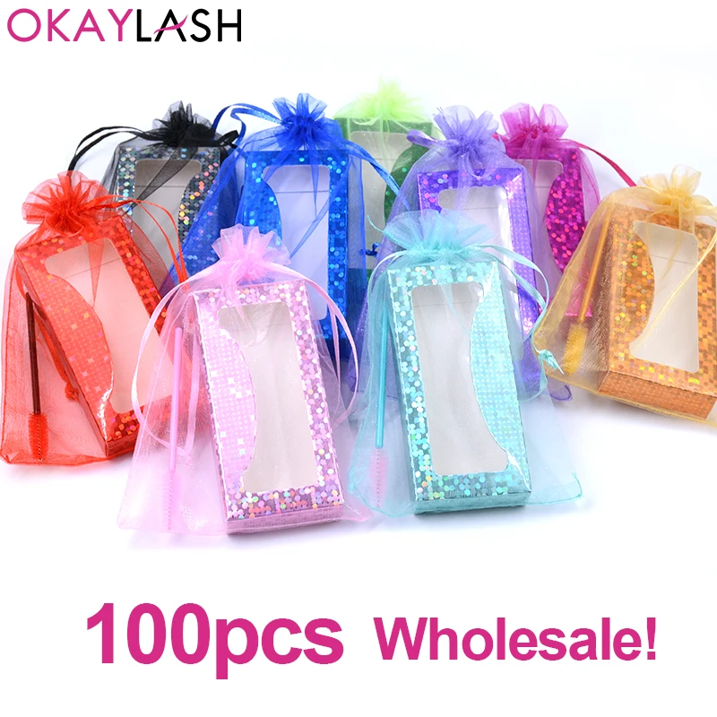 

OKAYLASH 50/100pcs 3 in 1 bulk eyelash packaging bag shining glitter color luxury lash pacaging box with eyelash brushes