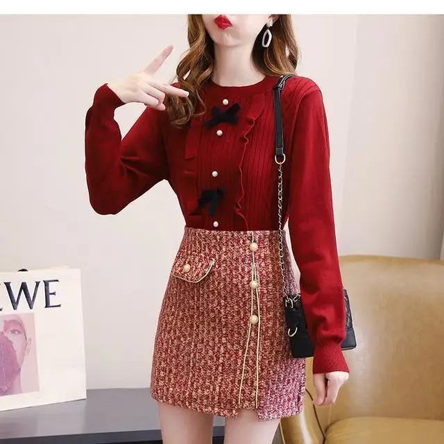2022 Autumn Winter Women's New Suits Female O-neck Bow Sweater Tops+high Waist Tweed Short Skirts Ladies Two-piece Sets A210
2022 Autumn Winter Women's New Suits Female O-neck Bow Sweater Tops+high Waist Tweed Short Skirts Ladies Two-piece Sets A210