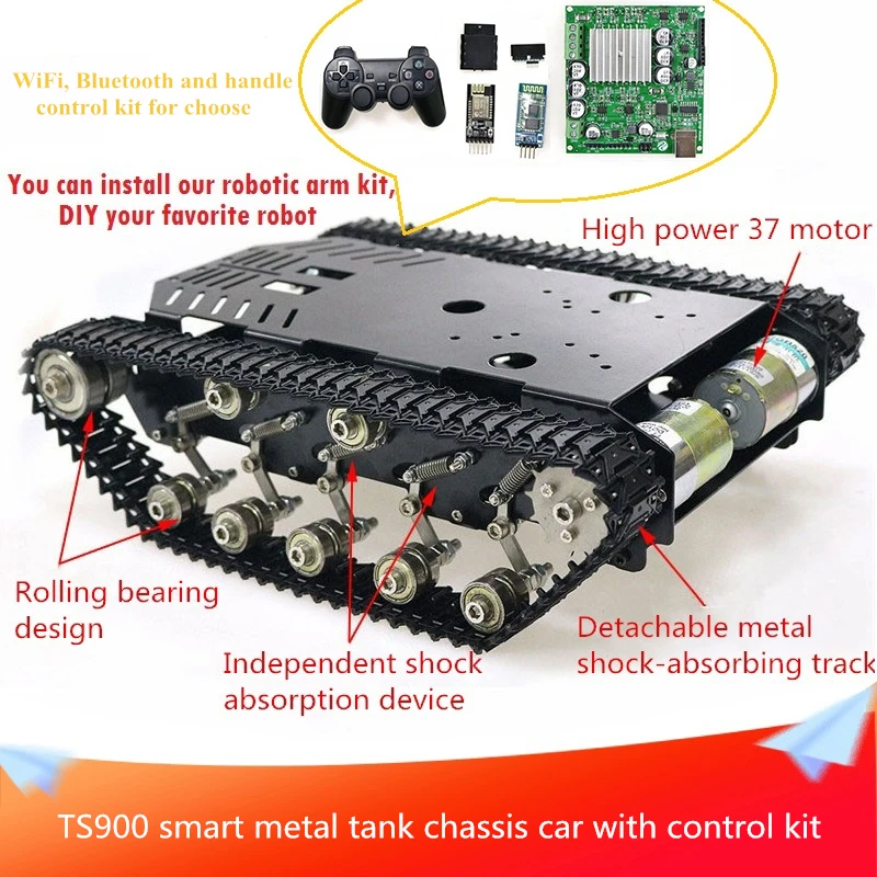 TS900 Large Load Metal Tank Chassis Car Metal Shock-absorbing Track Smart Robot Chassis+High Power Motor+Control Kit Assembled
TS900 Large Load Metal Tank Chassis Car Metal Shock-absorbing Track Smart Robot Chassis+High Power Motor+Control Kit Assembled