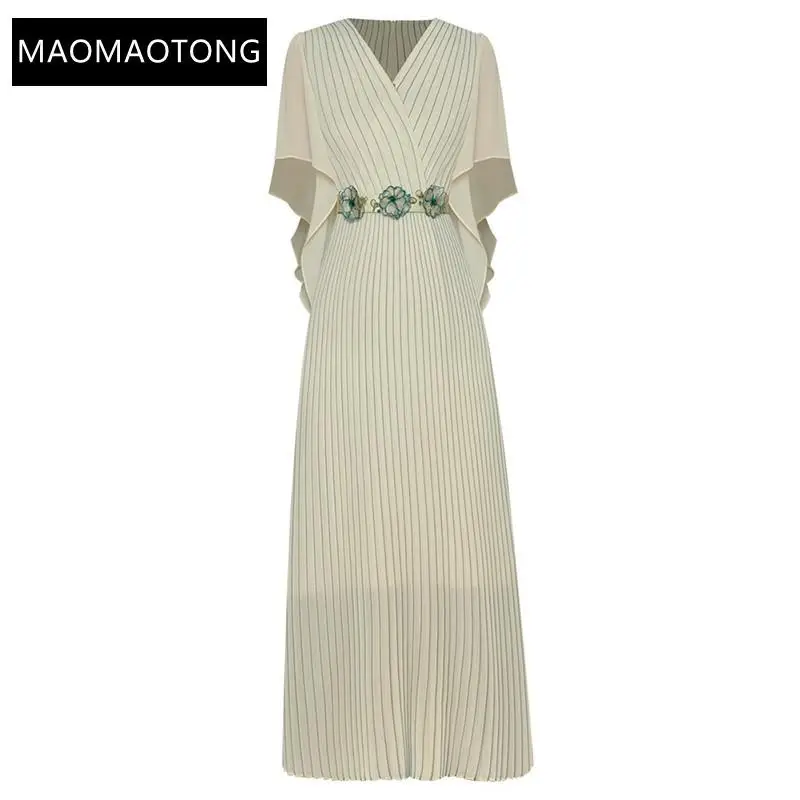 Fashion Designer Dress Summer Women's Dress V-Neck Three Quarter Sleeve Sashes Beaded Applique Solid Pleated Long Dress
Fashion Designer Dress Summer Women's Dress V-Neck Three Quarter Sleeve Sashes Beaded Applique Solid Pleated Long Dress