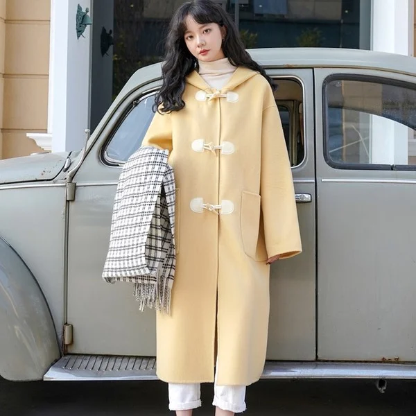 

Women Wool Blends 2Xl Horn Button Solid Hooded Spliced Pockets Lovely Loose Students Streetwear Cute Candy Color Korean Chic