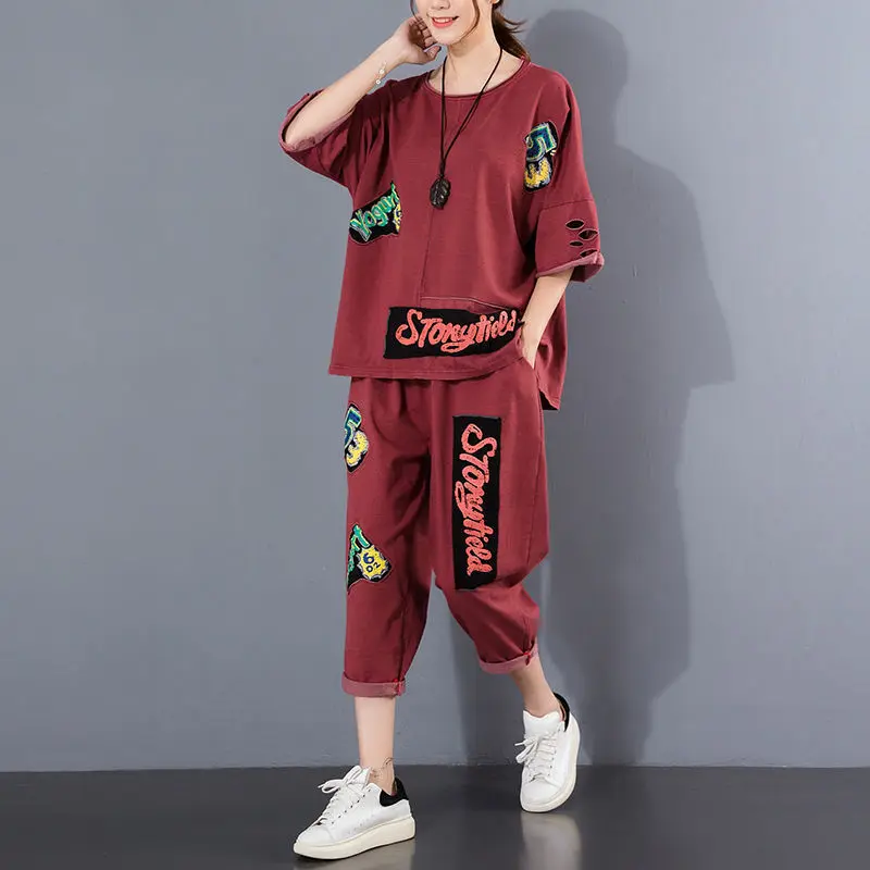 

Pure cotton single / suit summer new loose large size holed top pasted fabric printing casual two piece suit