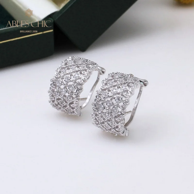 

925 Sterling Silver Airy Light Lace CZ Bling Earrings Renaissance Handmade Clip-on Earring Honeycomb Vintage Studs C11E4S25106