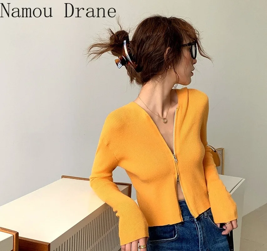 Vintgae Double Zipper Short Knitted Cardigan 2020 Autumn Long Sleeve Hooded Sweater Coat Slim Solid Knitwear