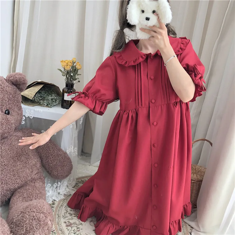 Japanese Lolita Style Women Loose Dress 2020 Autumn Peter Pan Collar Oversized Shirt Dress Flare Sleeve Kawaii Dresses Vestidos 
Japanese Lolita Style Women Loose Dress 2020 Autumn Peter Pan Collar Oversized Shirt Dress Flare Sleeve Kawaii Dresses Vestidos