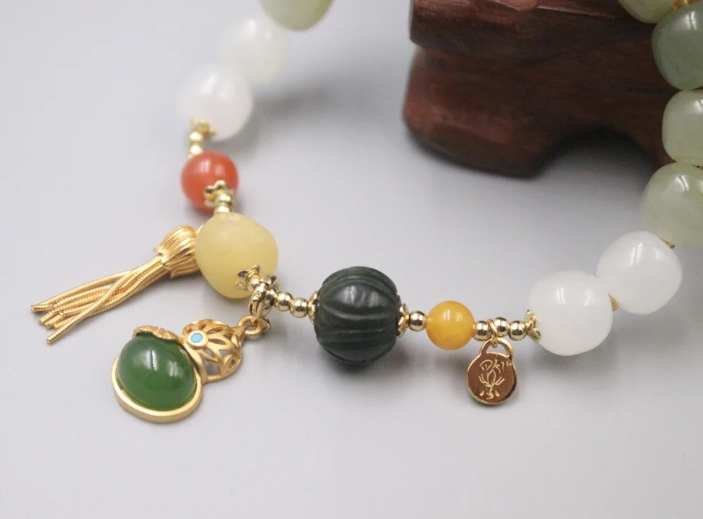Pure 925 Sterling Silver Bangle Natural Hetian Jade Nephrite Jasper Gourd Tassel Pendant Multi-Gem Beaded Bracelet Women Gift
Pure 925 Sterling Silver Bangle Natural Hetian Jade Nephrite Jasper Gourd Tassel Pendant Multi-Gem Beaded Bracelet Women Gift