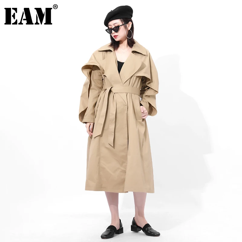 

[EAM] Женский Длинный плащ-Тренч цвета хаки большого размера, новая свободная ветровка с отворотом и длинным рукавом, модная весенне-осенняя ...