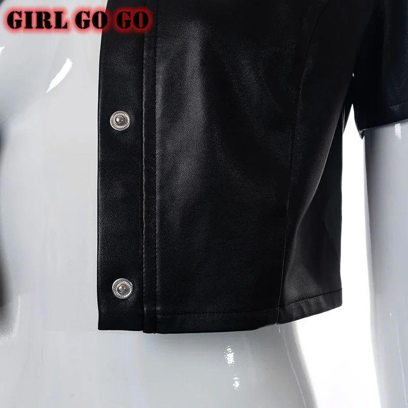 crop top single breasted button up shirt women short sleeve PU leather turndown collar solid color sexy streetwear cardigan
crop top single breasted button up shirt women short sleeve PU leather turndown collar solid color sexy streetwear cardigan