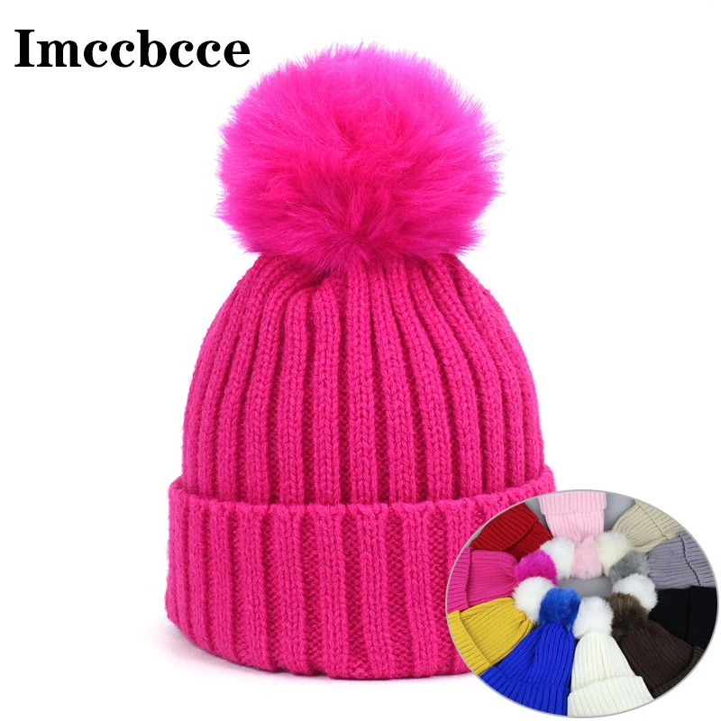 

Baby Girl Boy Beanies Hats Winter Warm Knit Hat With Furry Balls Pompom Fur Cute Lovely Child Thick Knitted Skullies Beanie Cap