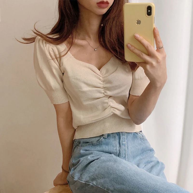 Тонкая летняя Сексуальная футболка Женская эластичная Женский в Корейском стиле