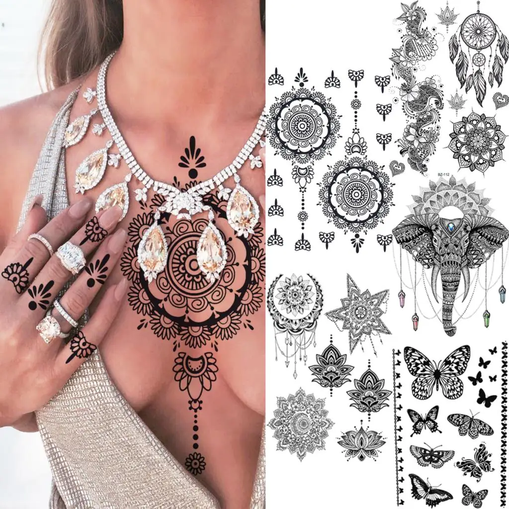 Black Henna Fingers Under Chest Mandala Temporary Tattoos For Women Adult Butterfly Pendant Fake Tattoo Body Art Painting Tatoos
Black Henna Fingers Under Chest Mandala Temporary Tattoos For Women Adult Butterfly Pendant Fake Tattoo Body Art Painting Tatoos