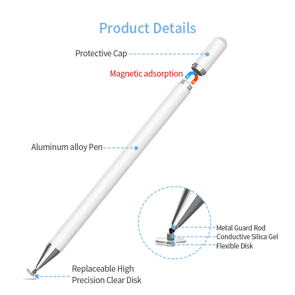 

Universal Stylus S Pen Touch Screen Disc Tip Smart Capacitive Pencil Draw Replacement Metal Magnetic Cap For Ipad Tablet White