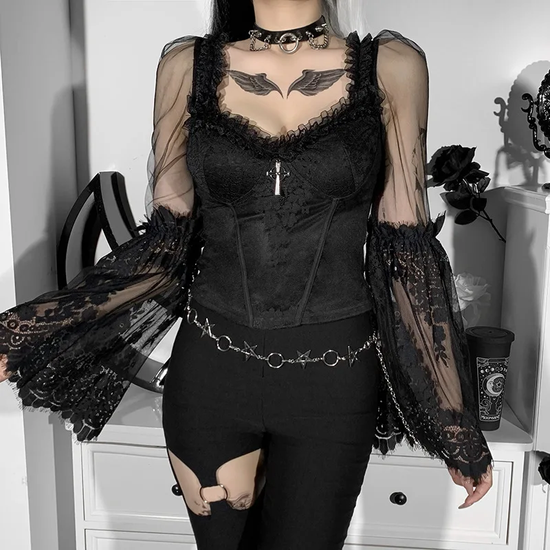 Mall Goth Harajuku Lace T-shirt Women Streetwear Y2K Aesthteic Tops Fairy Grunge See Through Flare Sleeve Cross Tee Alt Clothes
Mall Goth Harajuku Lace T-shirt Women Streetwear Y2K Aesthteic Tops Fairy Grunge See Through Flare Sleeve Cross Tee Alt Clothes
