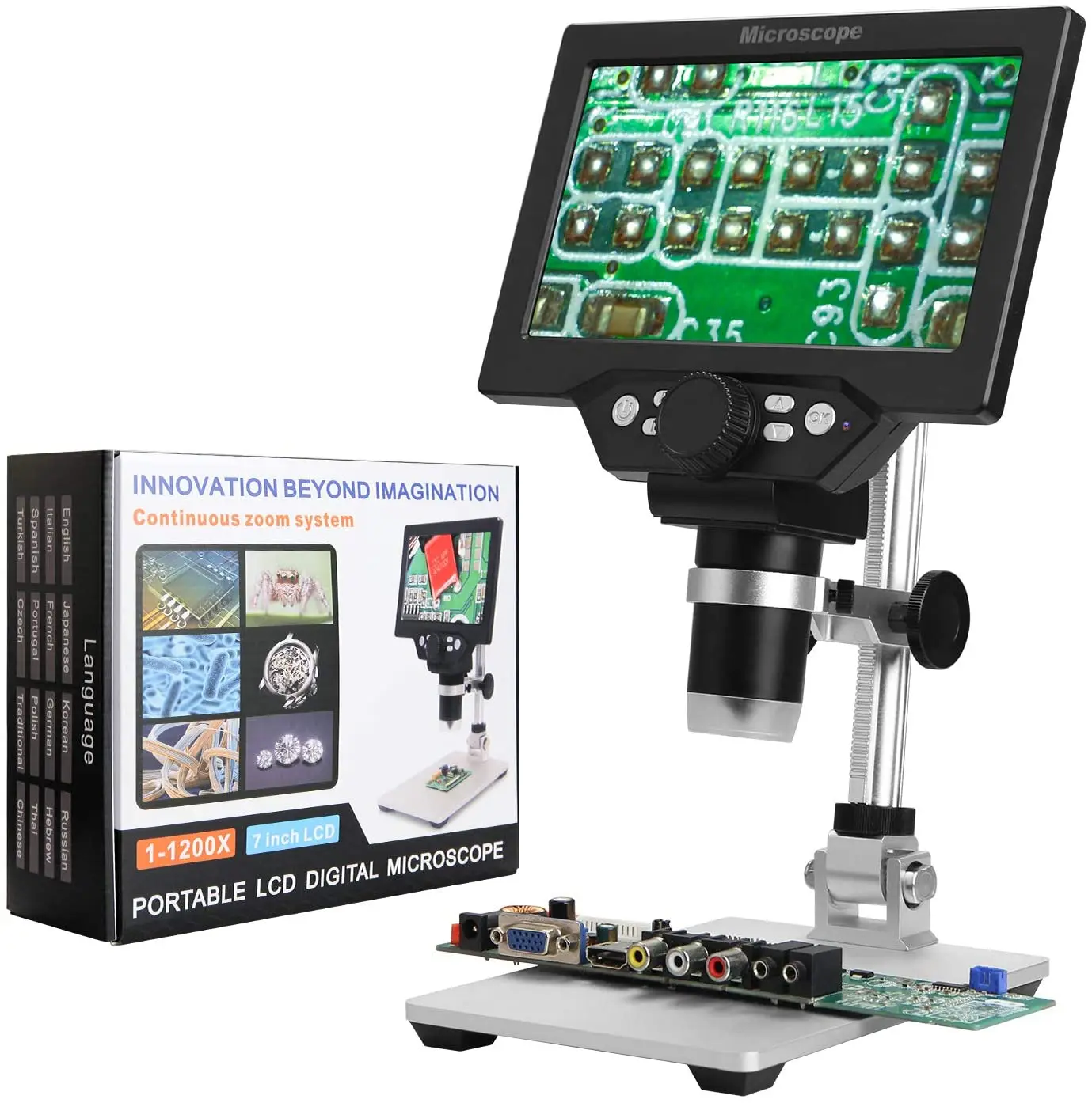 

Цифровой микроскоп 1-1200X, USB, 7-дюймовый ЖК-дисплей, 12 МП, ручной электронный микроскоп для монет, камера для взрослых, пайка печатных плат