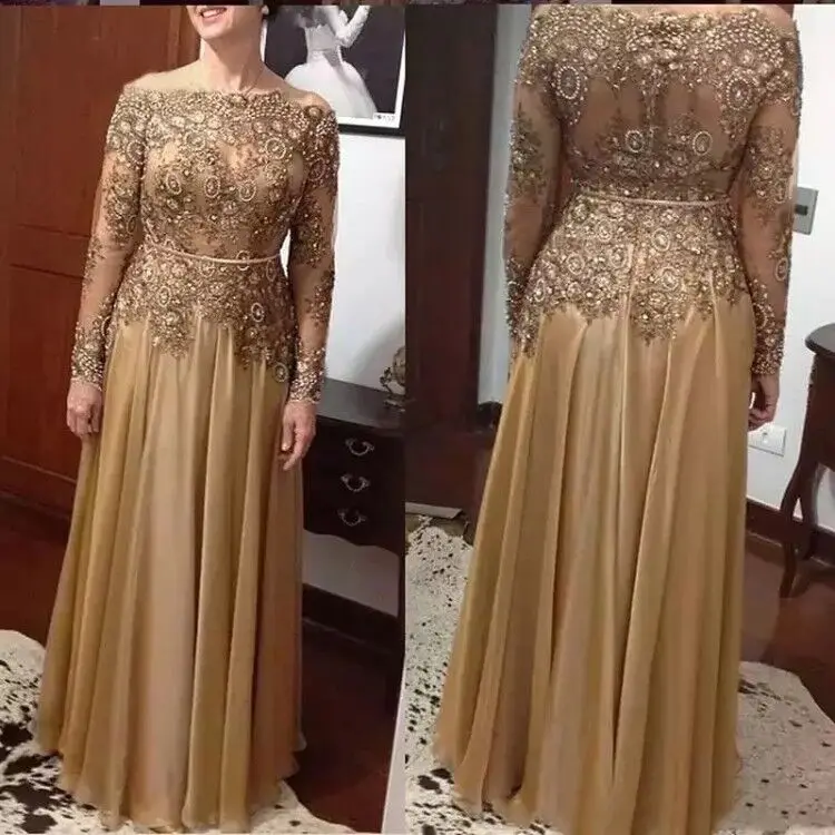 Vintage Gold Mother of the Bride Groom Dress For Wedding Round Neck Lace Beaded Sequined Long sleeve Plus Size Formal Party Gown
Vintage Gold Mother of the Bride Groom Dress For Wedding Round Neck Lace Beaded Sequined Long sleeve Plus Size Formal Party Gown