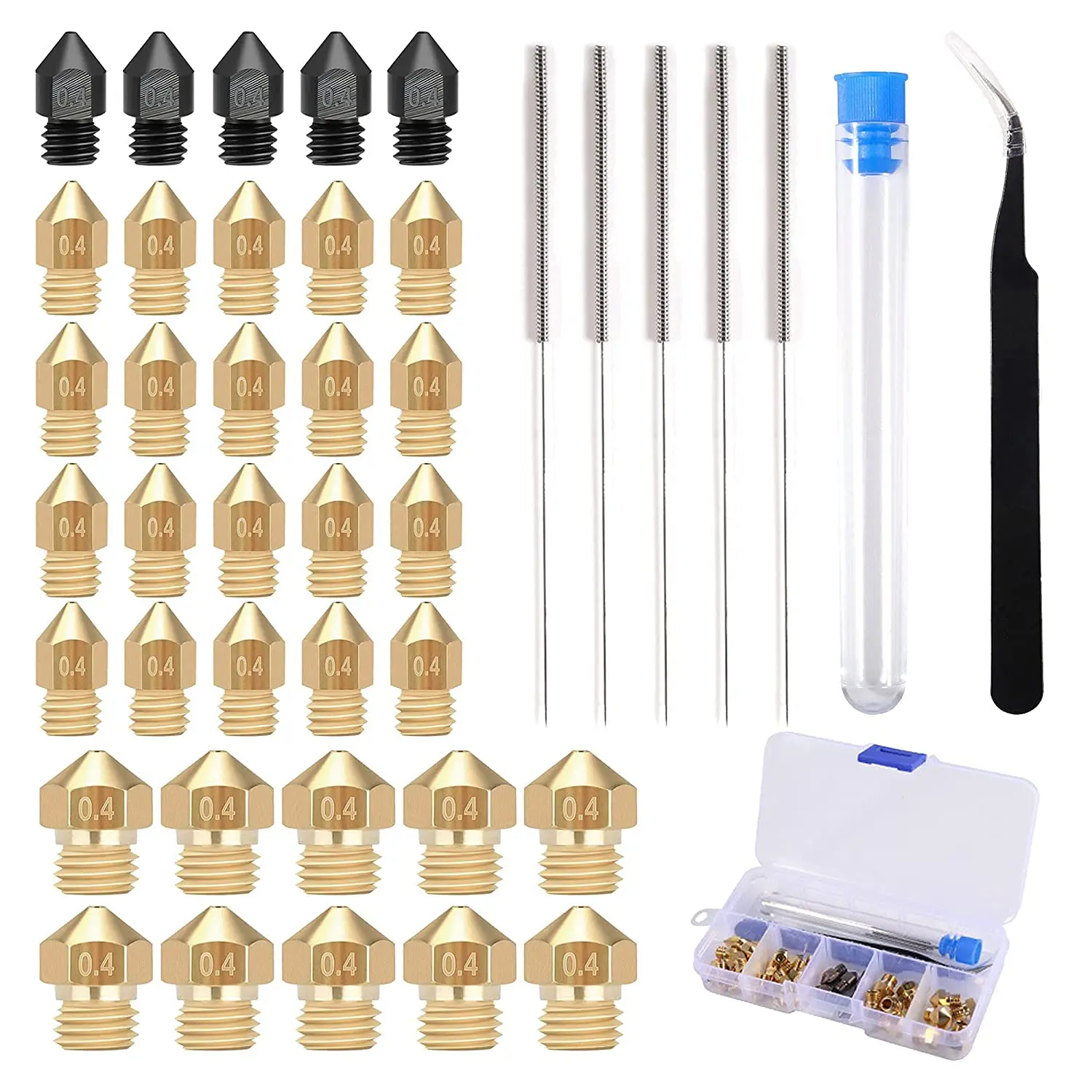 40 штук 1,75 мм сопла для 3D принтера 0,4 мм включает 5 штук сопла из закаленной стали MK8 + 20 латунных сопел + 10 штук латунных насадок MK10
40 штук 1,75 мм сопла для 3D принтера 0,4 мм включает 5 штук сопла из закаленной стали MK8 + 20 латунных сопел + 10 штук латунных насадок MK10