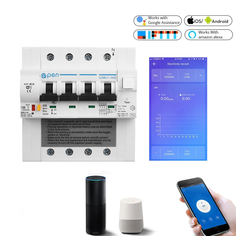 4P WIFI Smart RCBO residual current circuit breaker Energy Monitoring compatible with Alexa Google Home for Smart Home RS485
4P WIFI Smart RCBO residual current circuit breaker Energy Monitoring compatible with Alexa Google Home for Smart Home RS485