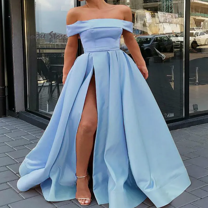 Off The Shoulder Blue Prom Dresses Long Silver Pink Satin Grauduation Evening Dress 2020 Elegant Formal Dress With Slits Cheap
Off The Shoulder Blue Prom Dresses Long Silver Pink Satin Grauduation Evening Dress 2020 Elegant Formal Dress With Slits Cheap