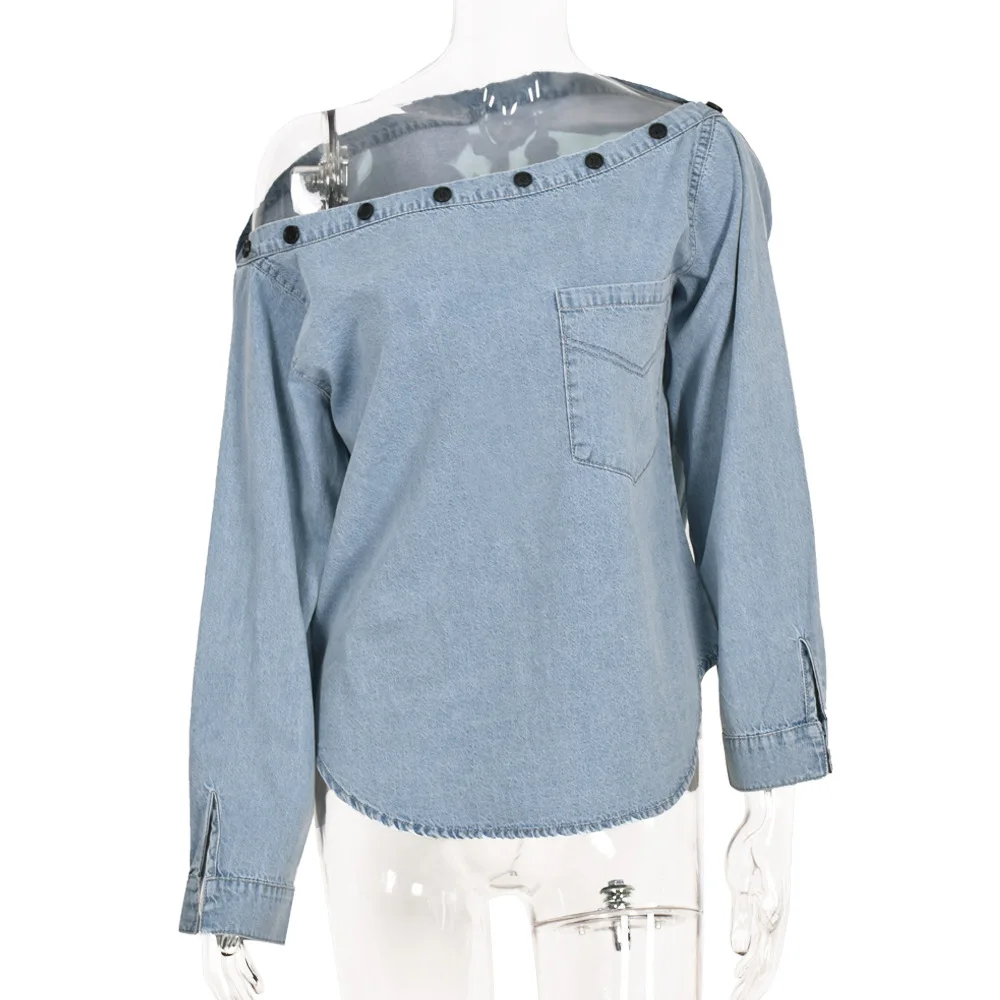 European and American hot models 2021 spring and summer new products button-neck strapless long-sleeved denim shirt women
European and American hot models 2021 spring and summer new products button-neck strapless long-sleeved denim shirt women