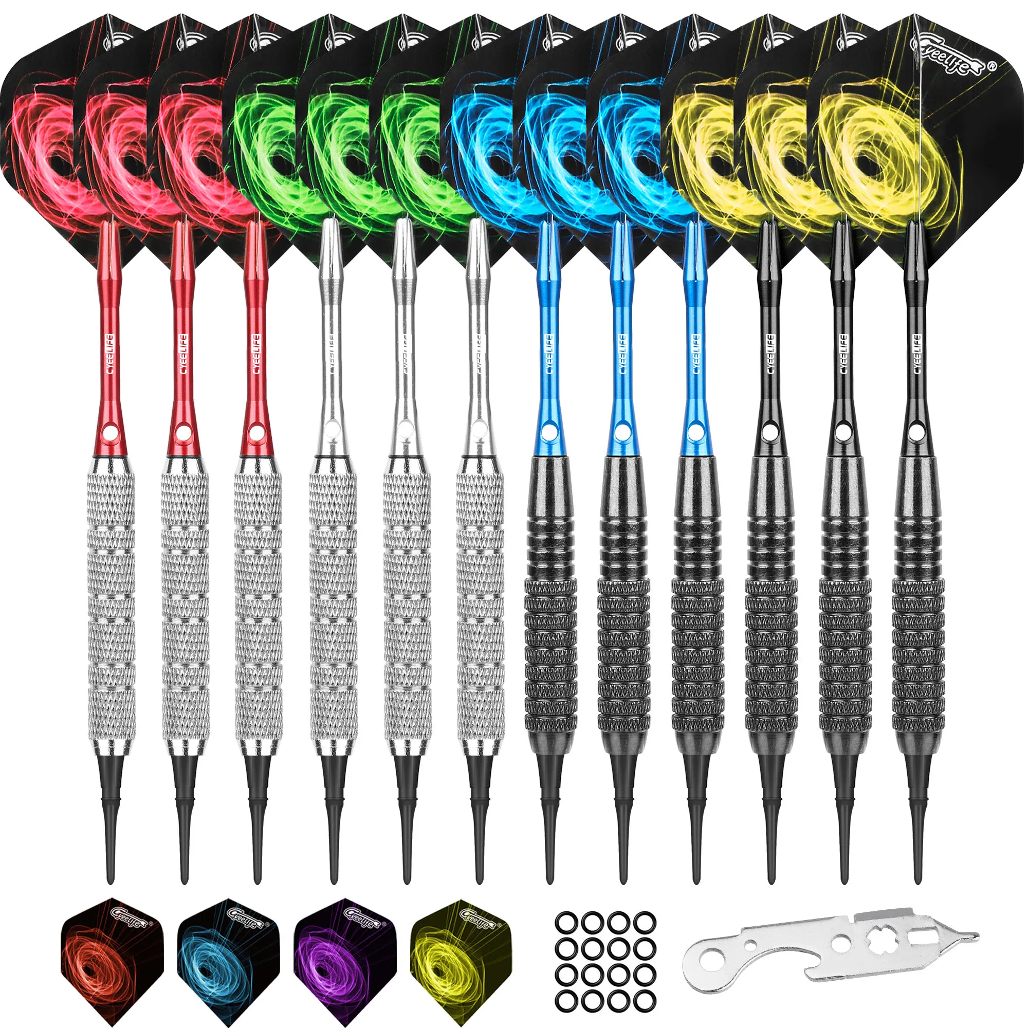 CyeeLife 17+18g Plastic tip darts 12 Packs with 4 Colors Aluminium Shafts+Rubber Rings+100 Soft points+Tool+12 Fights
CyeeLife 17+18g Plastic tip darts 12 Packs with 4 Colors Aluminium Shafts+Rubber Rings+100 Soft points+Tool+12 Fights