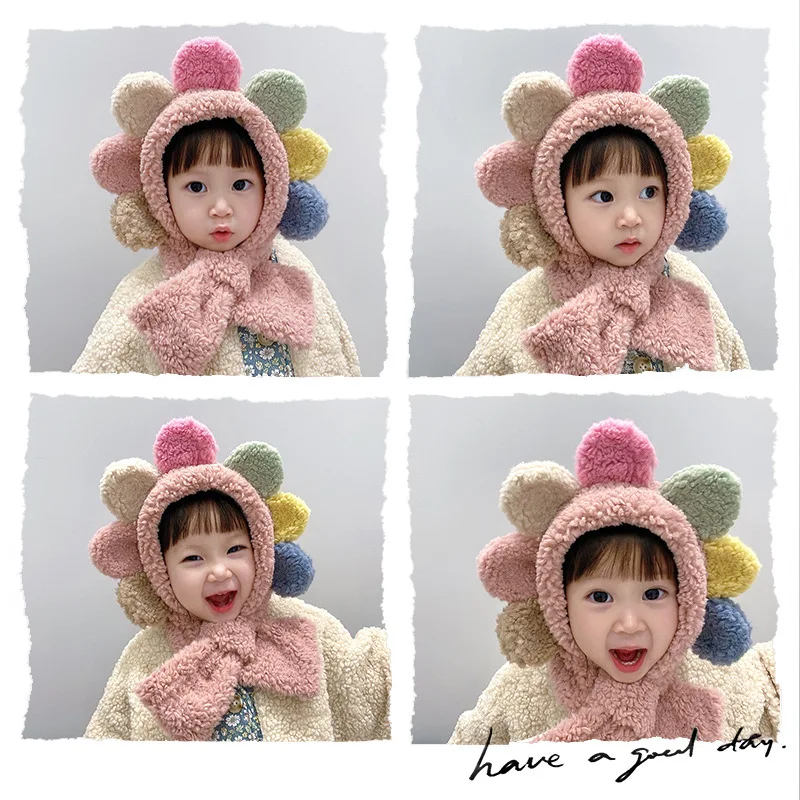 Infant Hat Scarf Integrated Children's autumn and winter baby cute super cute Korean warm Plush Sunflower ear cap 
Infant Hat Scarf Integrated Children's autumn and winter baby cute super cute Korean warm Plush Sunflower ear cap