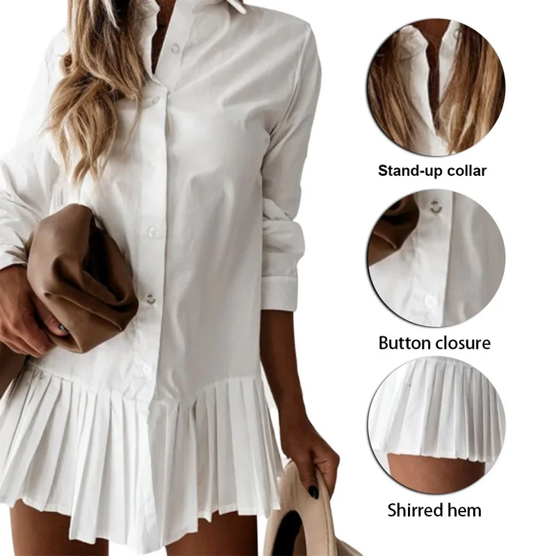 Woman Solid Color Shirt Dress Lapel Long Sleeve Pleated Single-Breasted Mini Dress Female Ladies Spring One-Piece Clothing
Woman Solid Color Shirt Dress Lapel Long Sleeve Pleated Single-Breasted Mini Dress Female Ladies Spring One-Piece Clothing