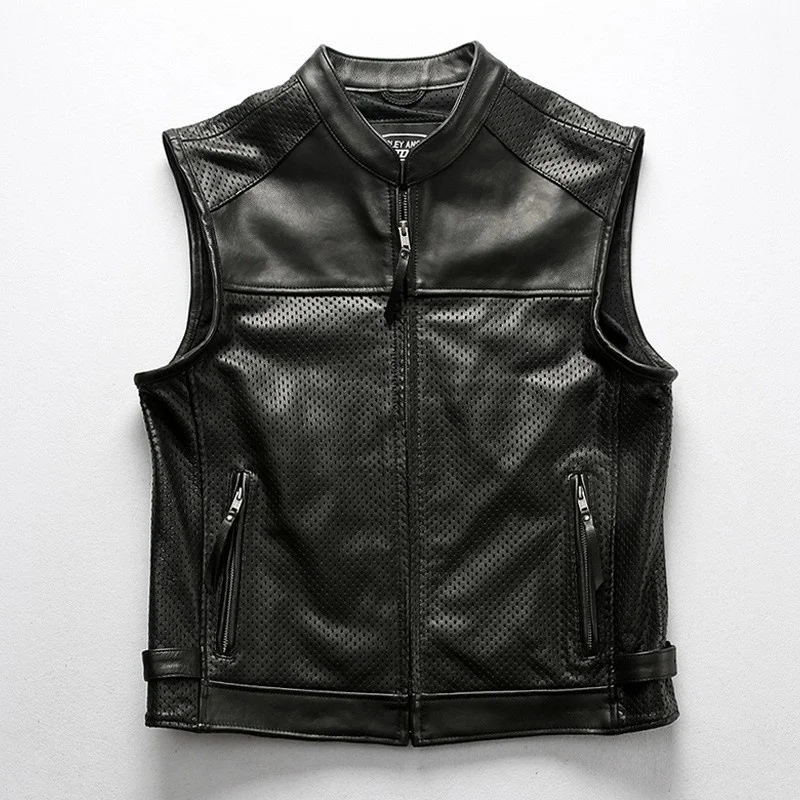 Men's motorcycle leather vest, punctured leather vest, breathable with zipper, sleeveless
Men's motorcycle leather vest, punctured leather vest, breathable with zipper, sleeveless
