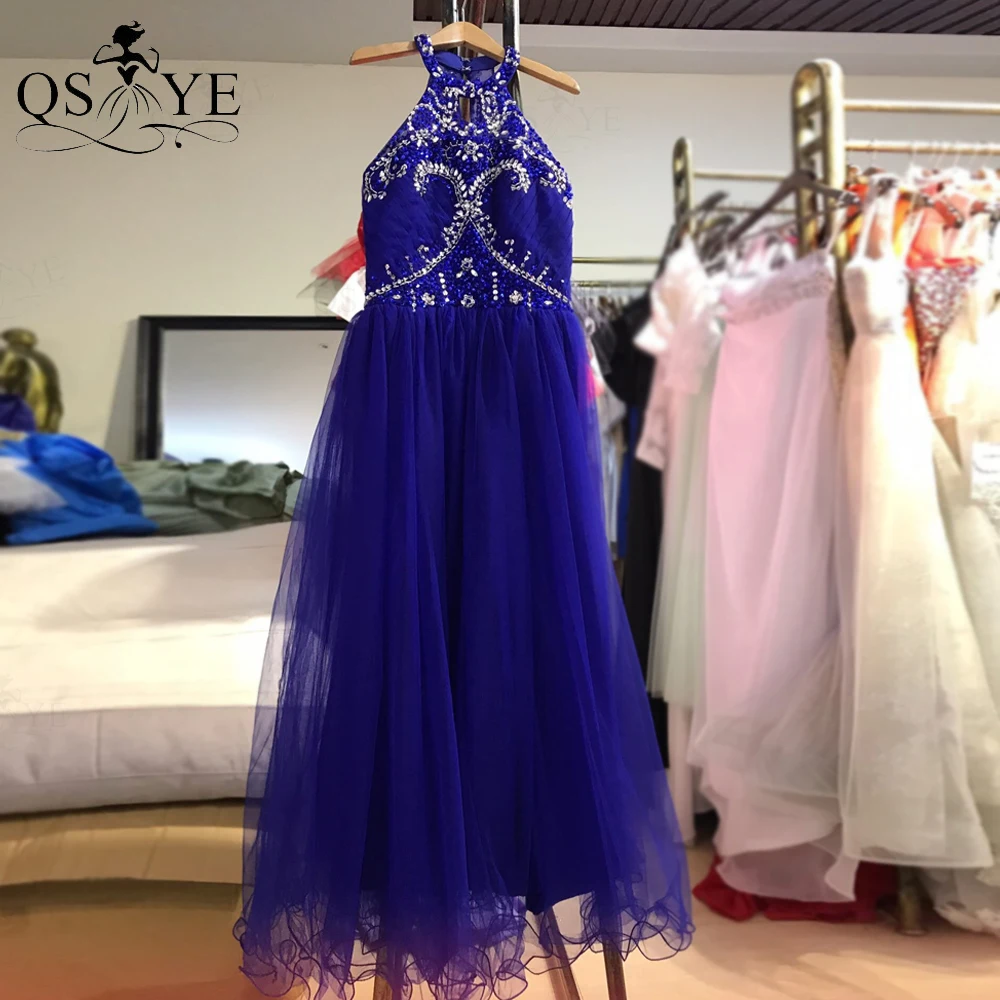 Фото Ярко-синее Тюлевое платье с цветочным рисунком для девочек украшенное бисером