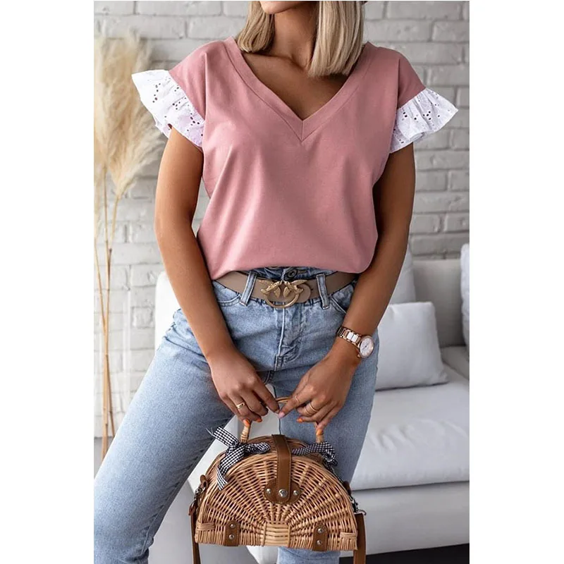

NEW Ruffle Lace Short Sleeve Summer Loose V-neck Solid Color Female Tops Women Casual Plus Size Tshirt Tees Mujer Camisetas Clot