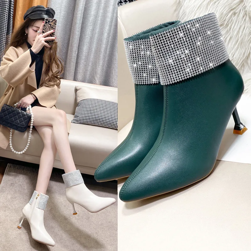 Green Soft Leather Thin Heels Ankle Boots Women's Crystal Cuffed Winter Shoes Elegant Pointed Toe Short Booties Ladies
Green Soft Leather Thin Heels Ankle Boots Women's Crystal Cuffed Winter Shoes Elegant Pointed Toe Short Booties Ladies