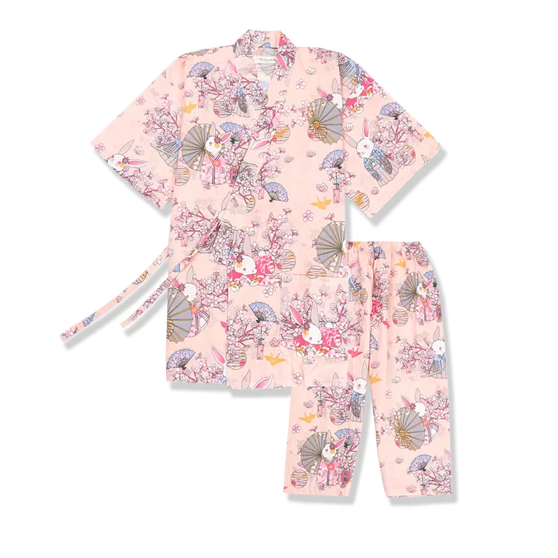 Japanese Tradition Style Pajamas Shorts Set Women's Sleep & Lounge Kimono Yukata Bathrobe Nightgown Leisure Sweat Steam Wear